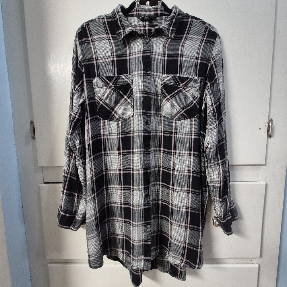 Express SZ XL Navy And Pink Plaid Light Flannel Button Up Boyfriend Shirt Dress